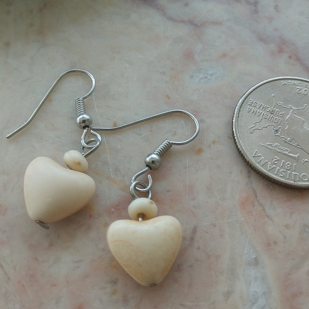 #5 VINTAGE 6Os possibly BONE? Heart Shaped Dangling Earrings